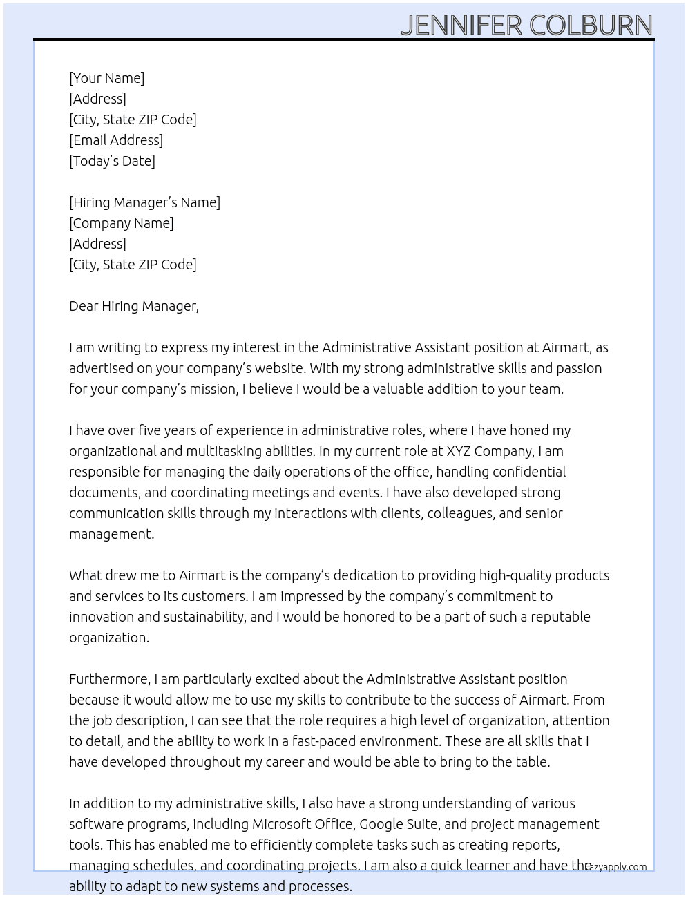 Administrative Assistant At Airmart Cover Letter