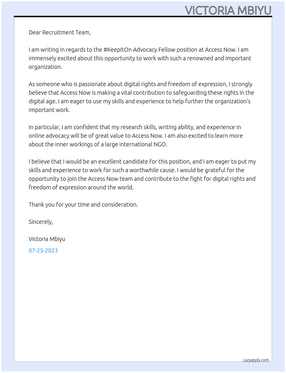 #KeepItOn Advocacy Fellow At Access Now Cover Letter