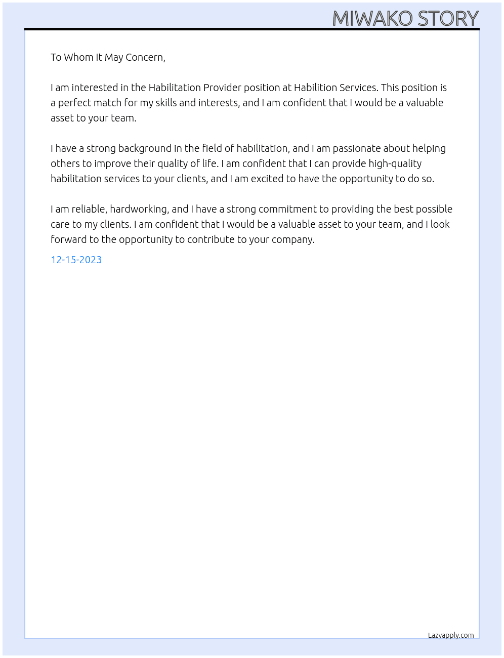 Habilitation Provider At Habilition Services Cover Letter