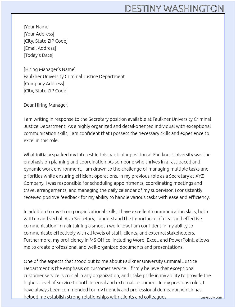 Secretary At Faulkner University Criminal Justice Department Cover Letter