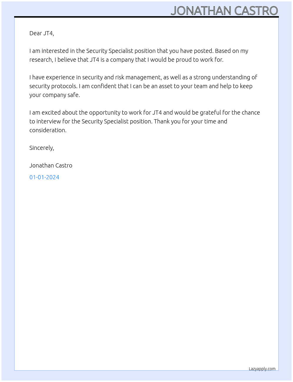 Security Specialist At JT4 Cover Letter