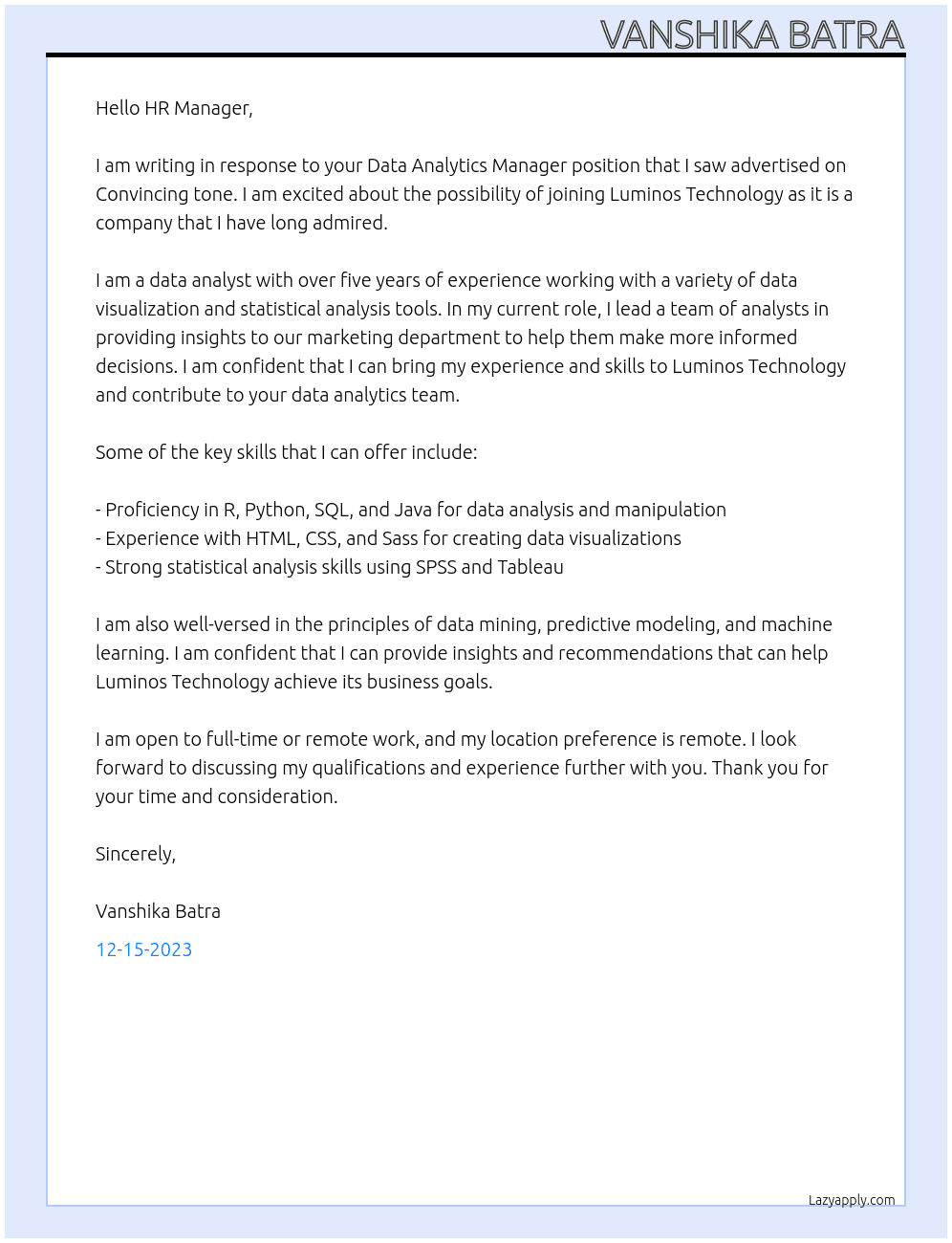 Data Analytics Manager At Luminos Technology Cover Letter