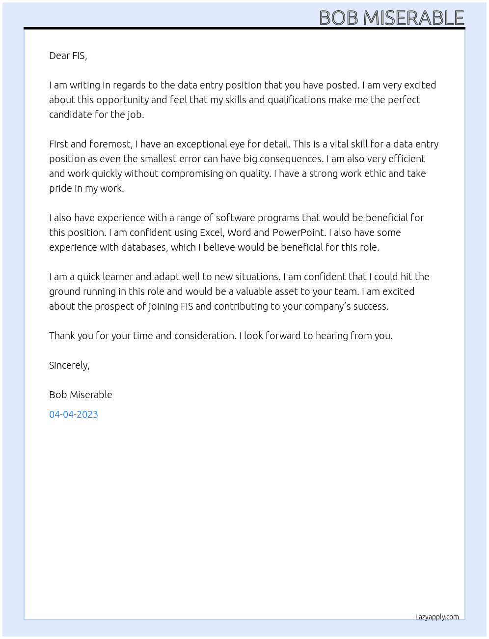 Data entry At FIS Cover Letter