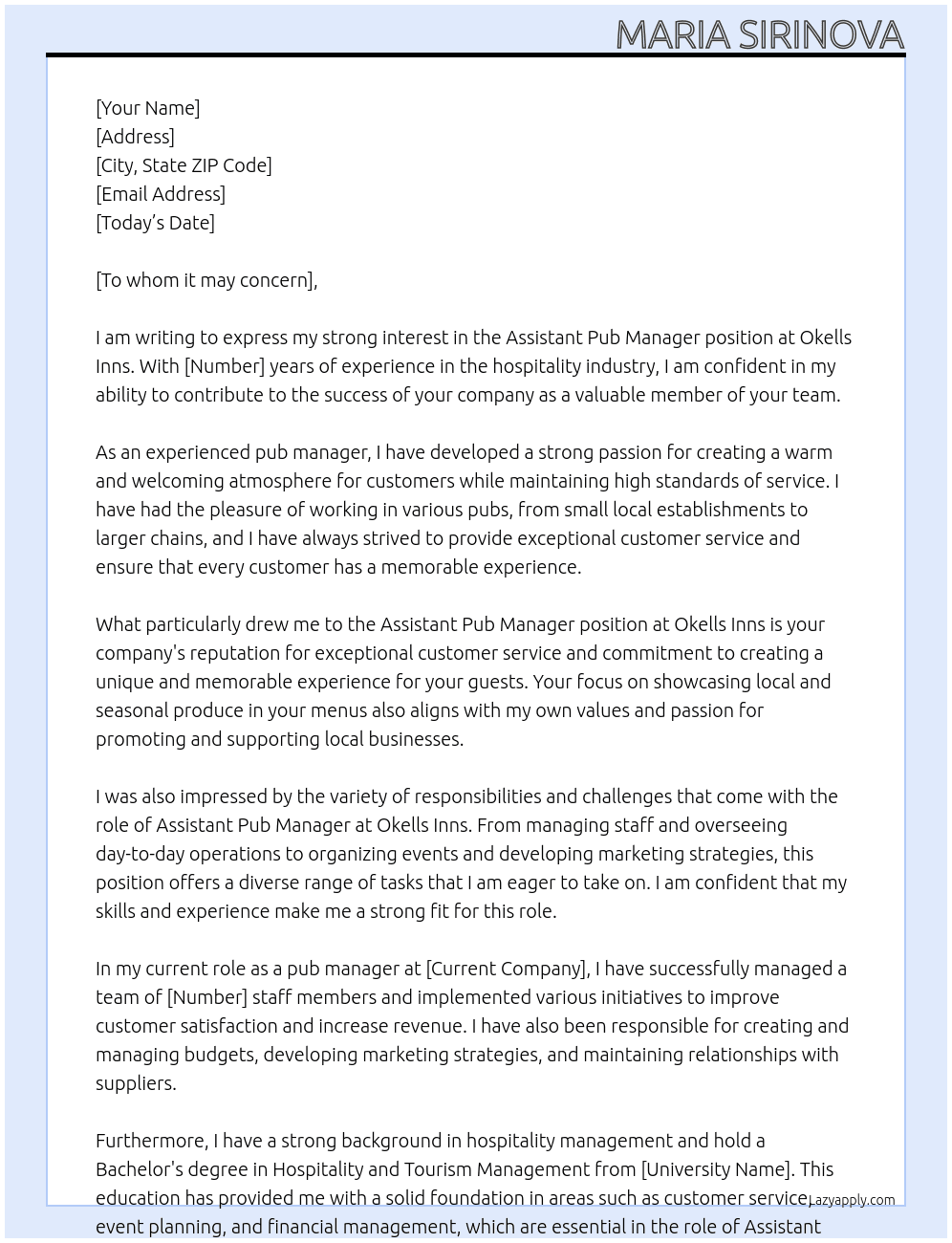 Assistant Pub Manager At Okells Inns Cover Letter
