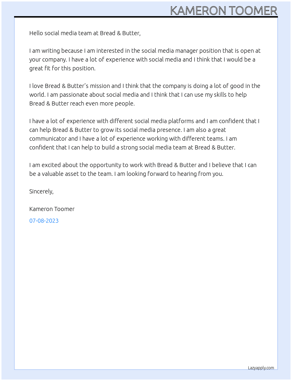 Social media manager At Bread & Butter Cover Letter