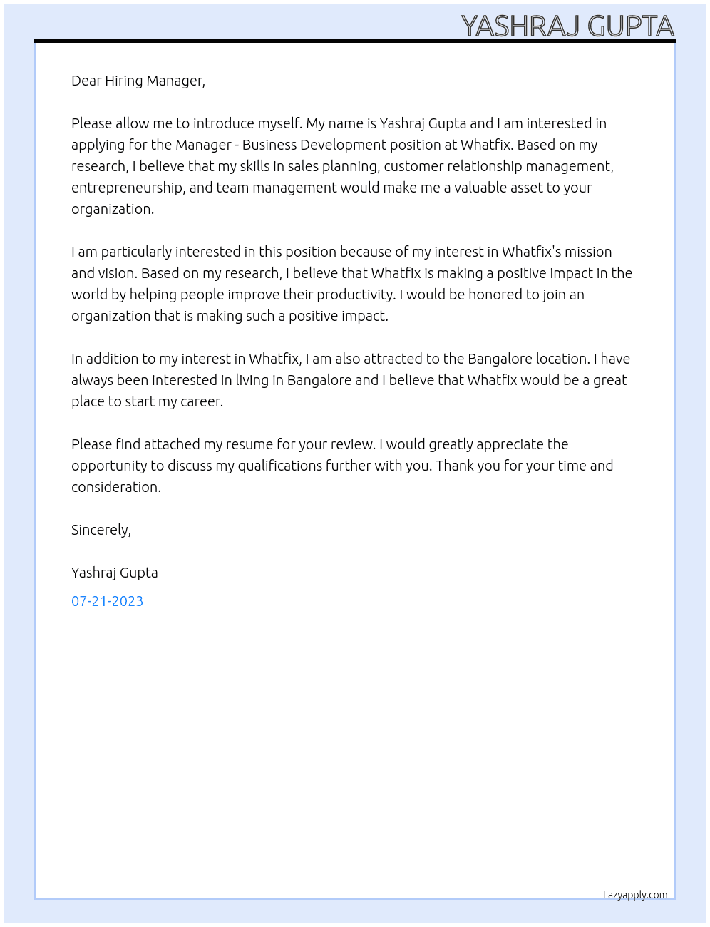 Manager - Business Developement At Whatfix Cover Letter