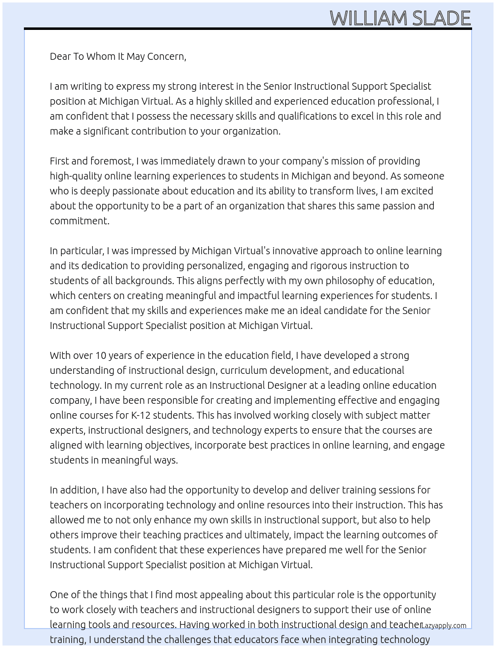 Senior Instructional Support Specialist At Michigan Virtual Cover Letter