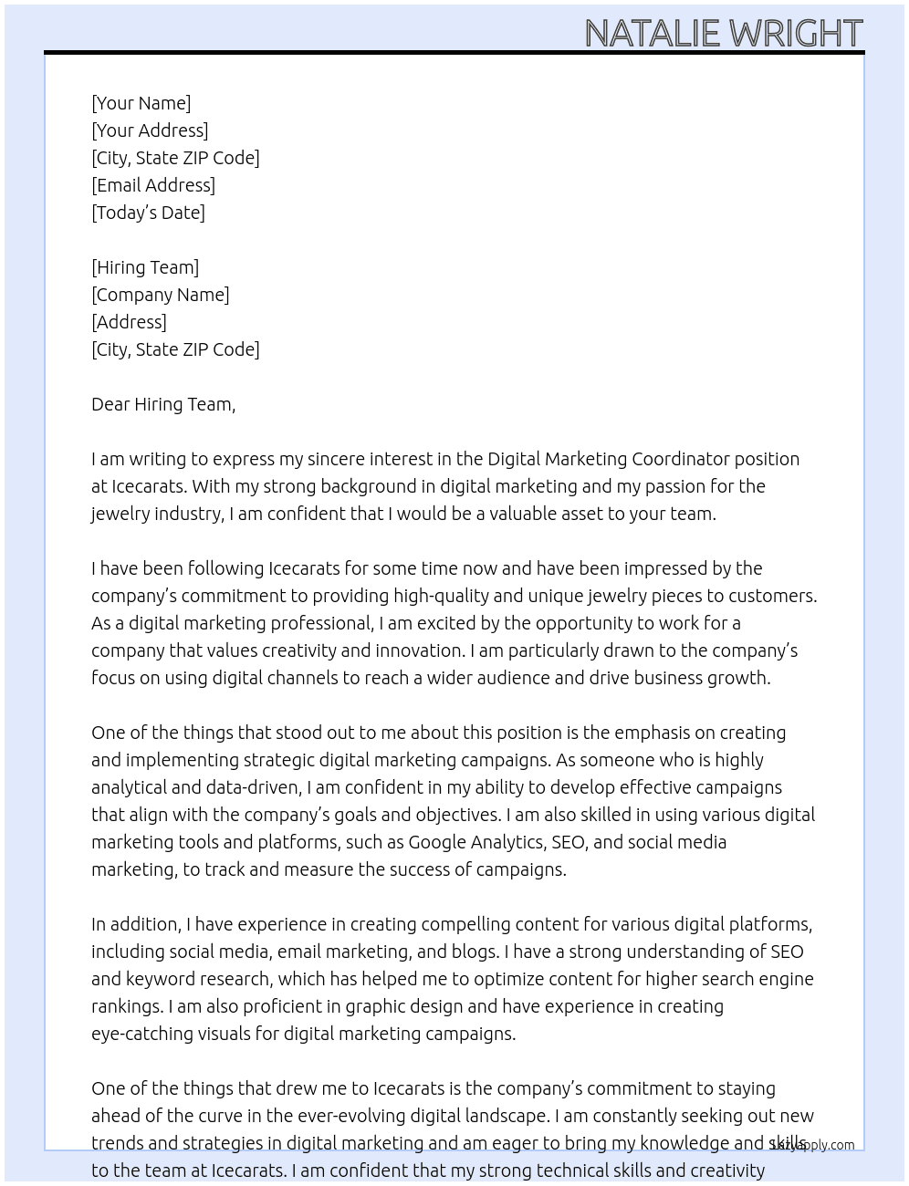 Digital Marketing Coordinator At Icecarats Cover Letter