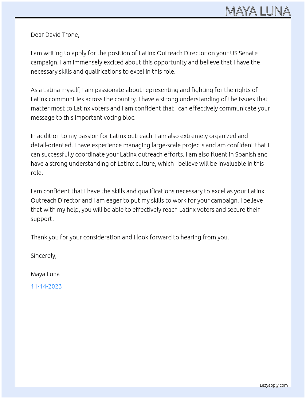 Latinx Outreach Director At David Trone for US Senate Cover Letter