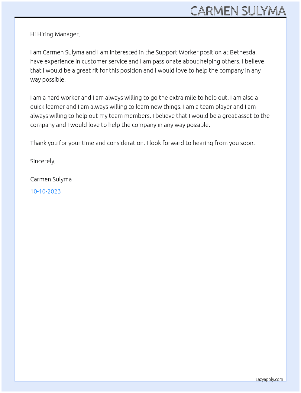 Support Worker is  At Bethesda Cover Letter