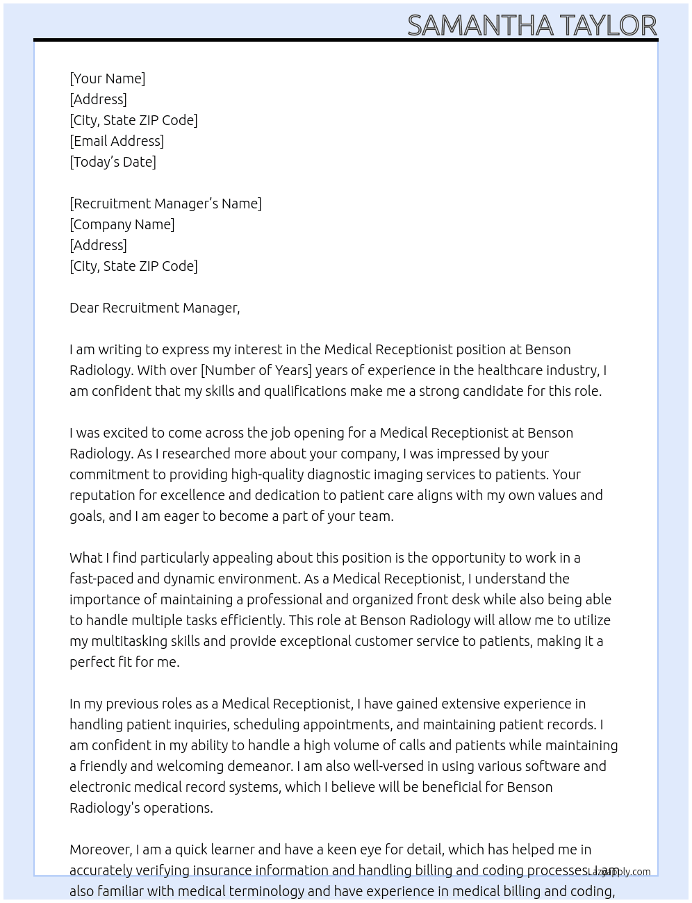Medical Receptionist At Benson Radiology Cover Letter
