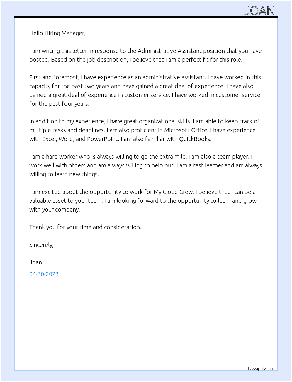 Administrative Assistant At My Cloud Crew Cover Letter