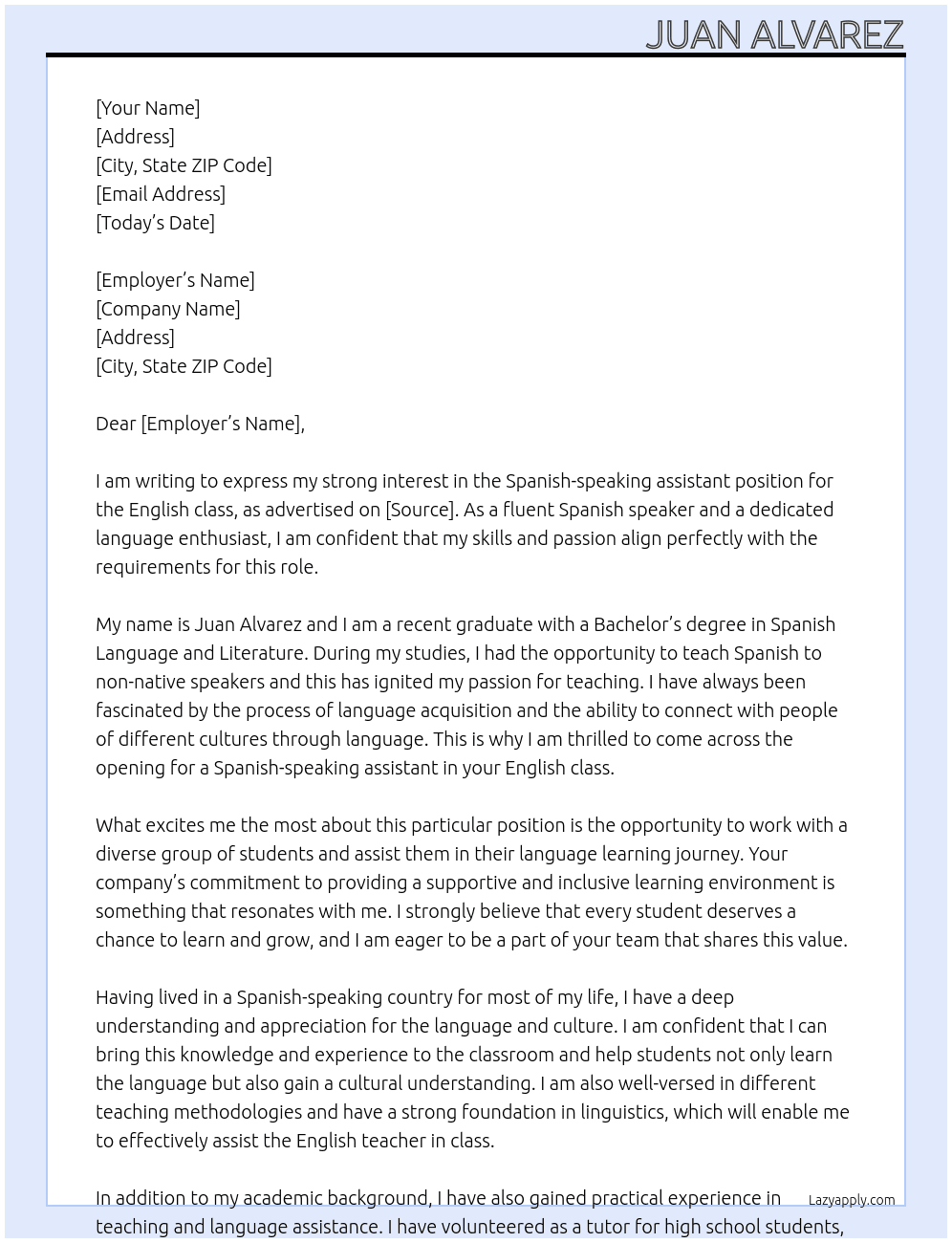 Spanish-speaking assistant for English class At English teacher Cover Letter