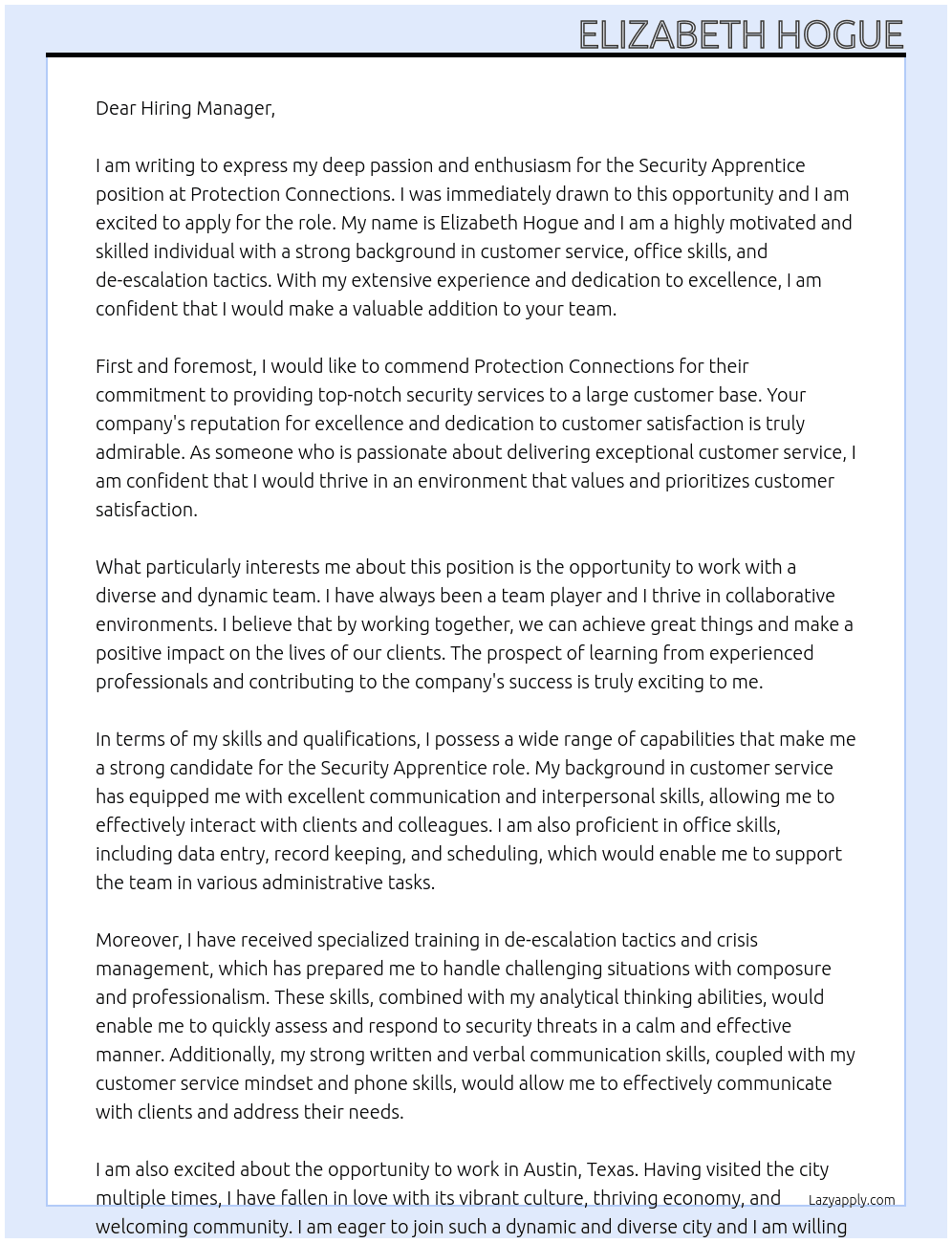 Security Apprentice At Protection Connections Cover Letter