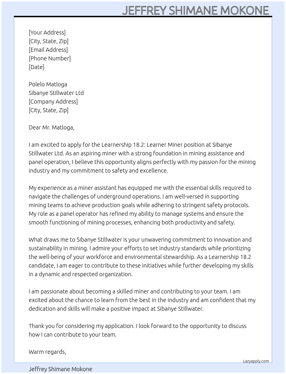 Learnership 18.2:Learner Miner At Sibanye stillwater Ltd  Cover Letter