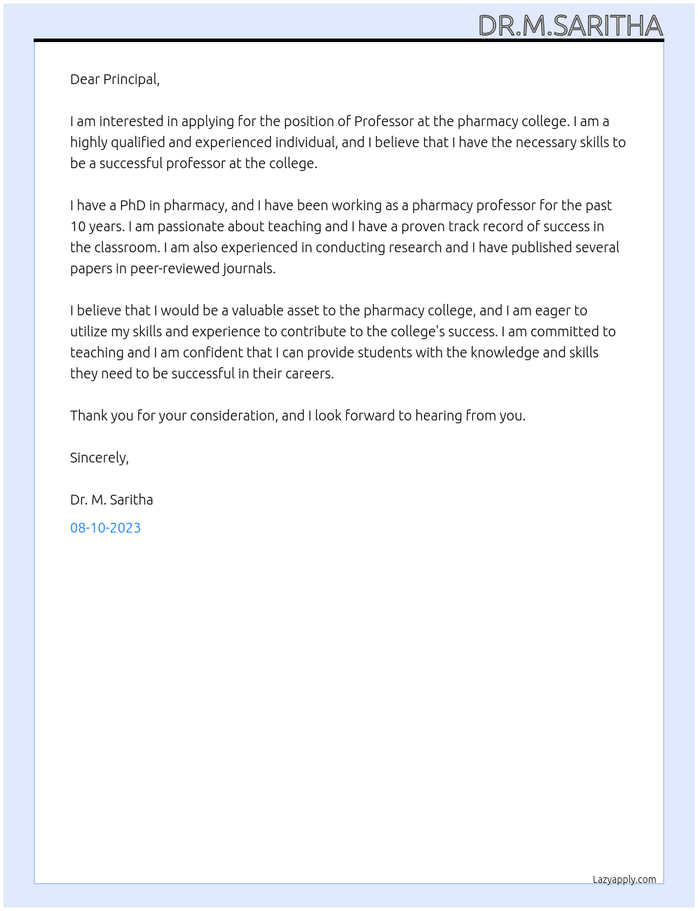 Professor At pharmacy college Cover Letter