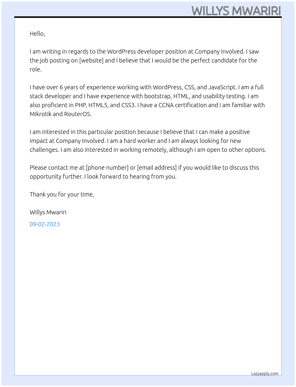 Wordpress developer At Company Involved Cover Letter