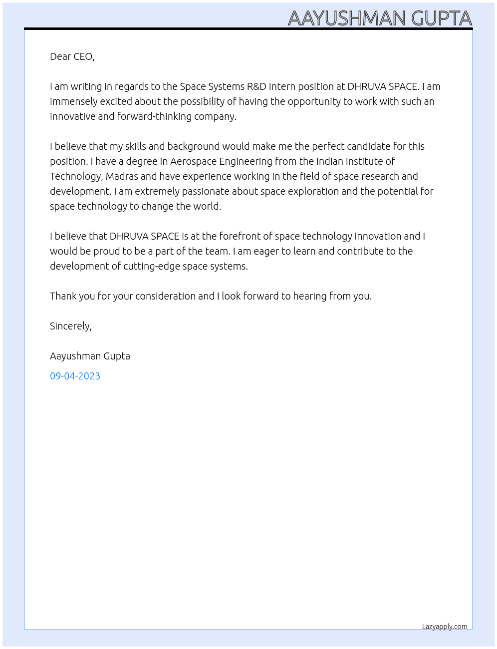 Space Systems R&D Intern At DHRUVA SPACE Cover Letter