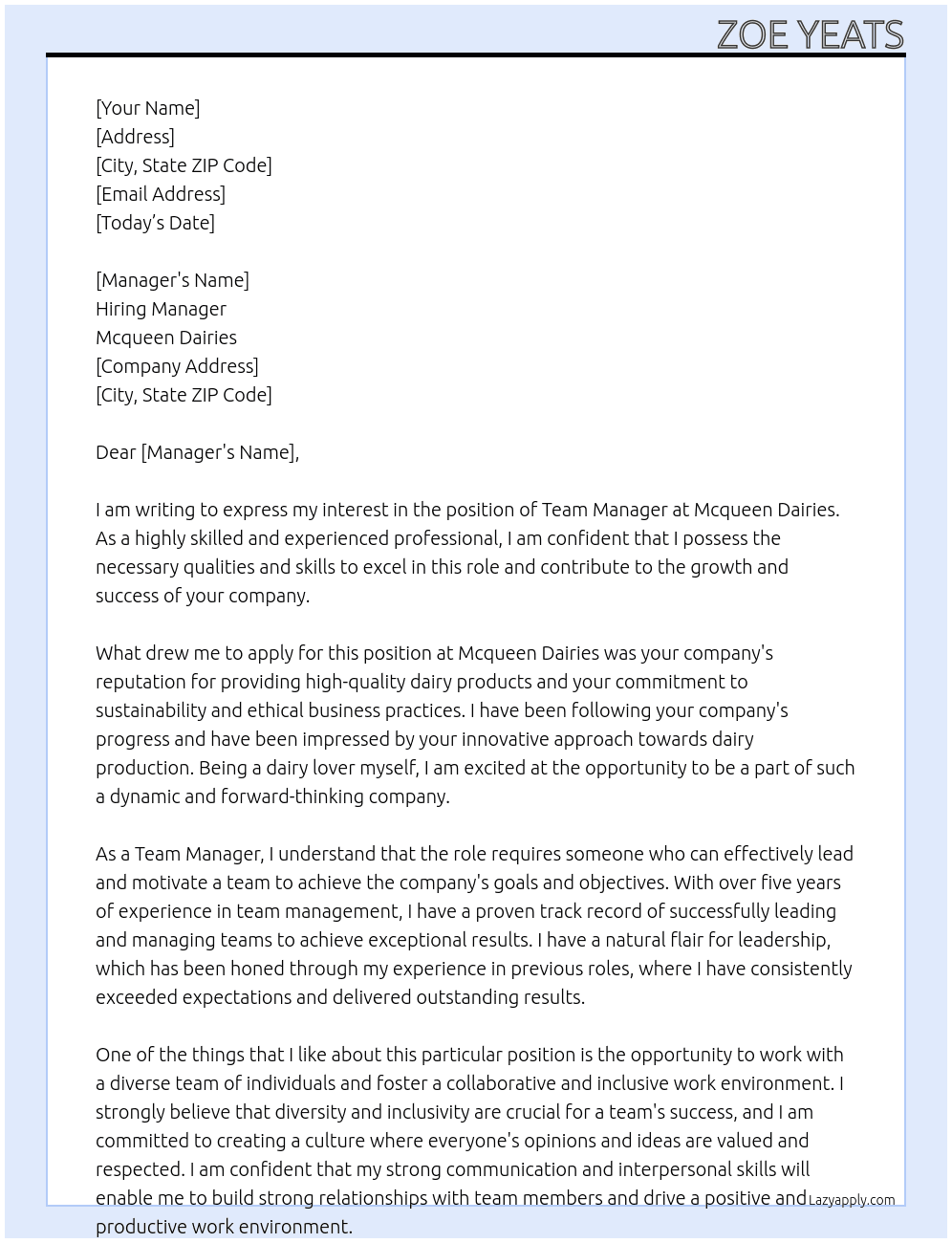 Team Manager  At Mcqueen Dairies Cover Letter