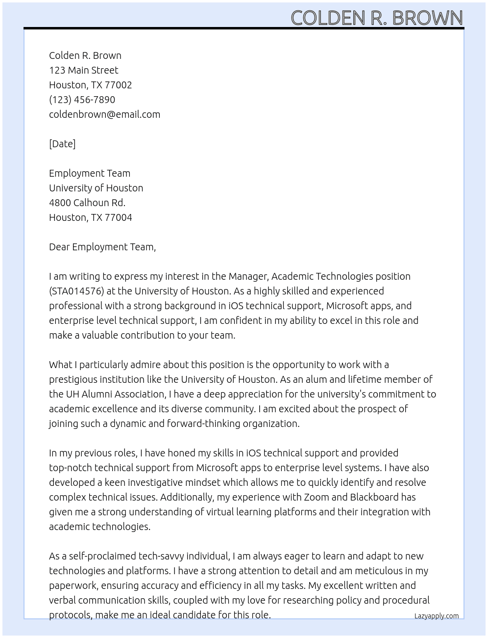 Manager, Academic Technologies (STA014576) At University of Houston Cover Letter