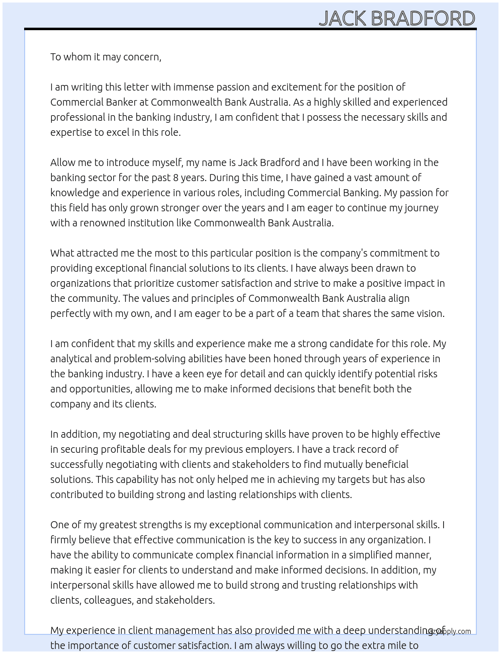Commercial Banker At Commonwealth Bank Australia Cover Letter
