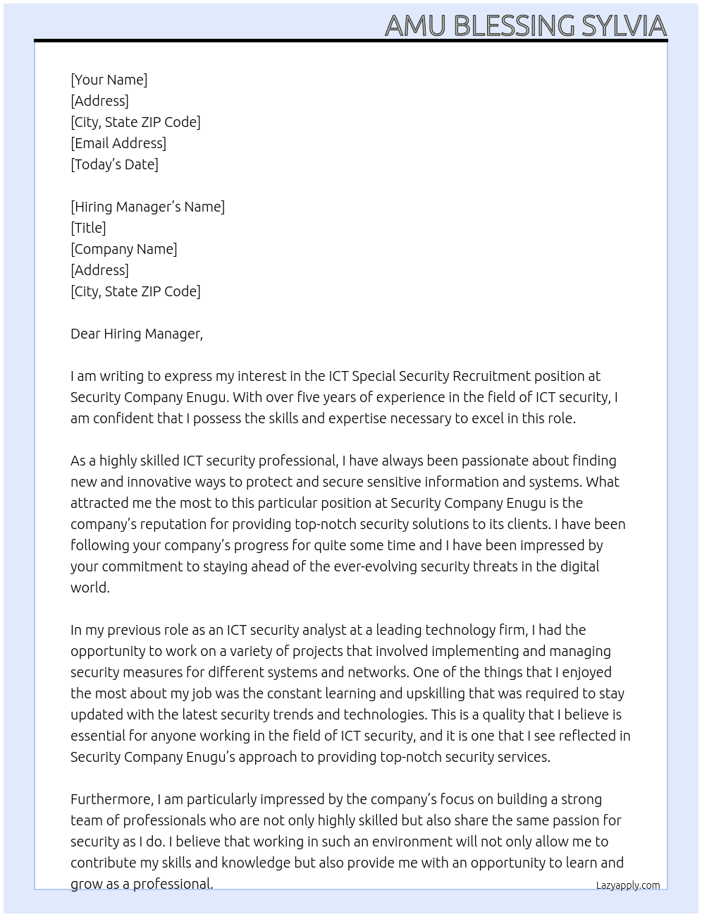 Ict special security Recruitment At Security Company Enugu Cover Letter