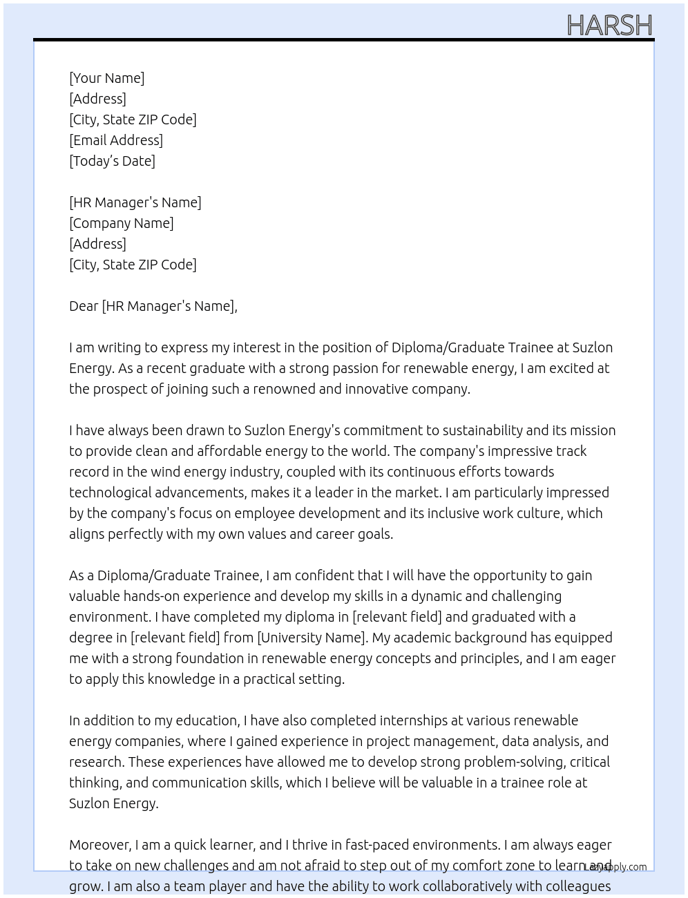 Diploma/Graduate trainees At Suzlon energy Cover Letter