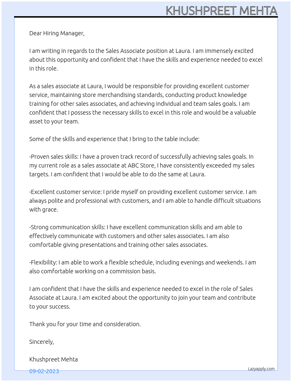 Sales Associate  At Laura Cover Letter