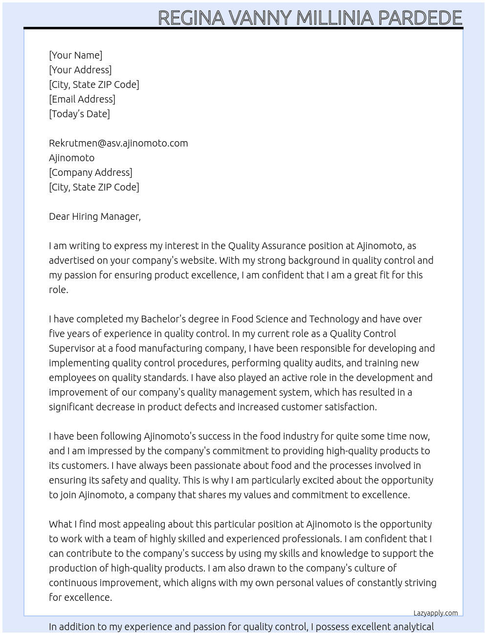 Quality Assurance At Ajinomoto Cover Letter