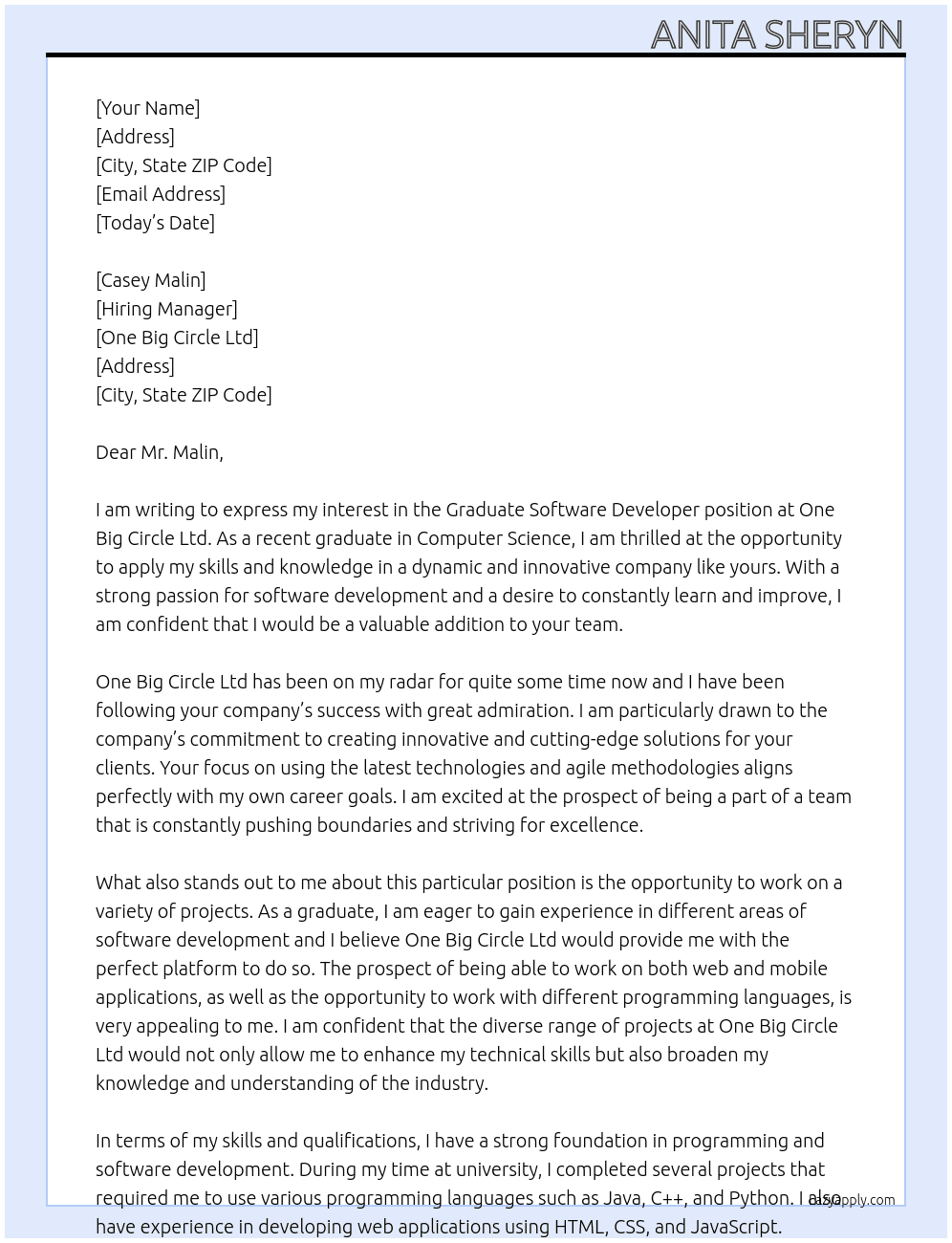 graduate software developer At One Big Circle Ltd Cover Letter