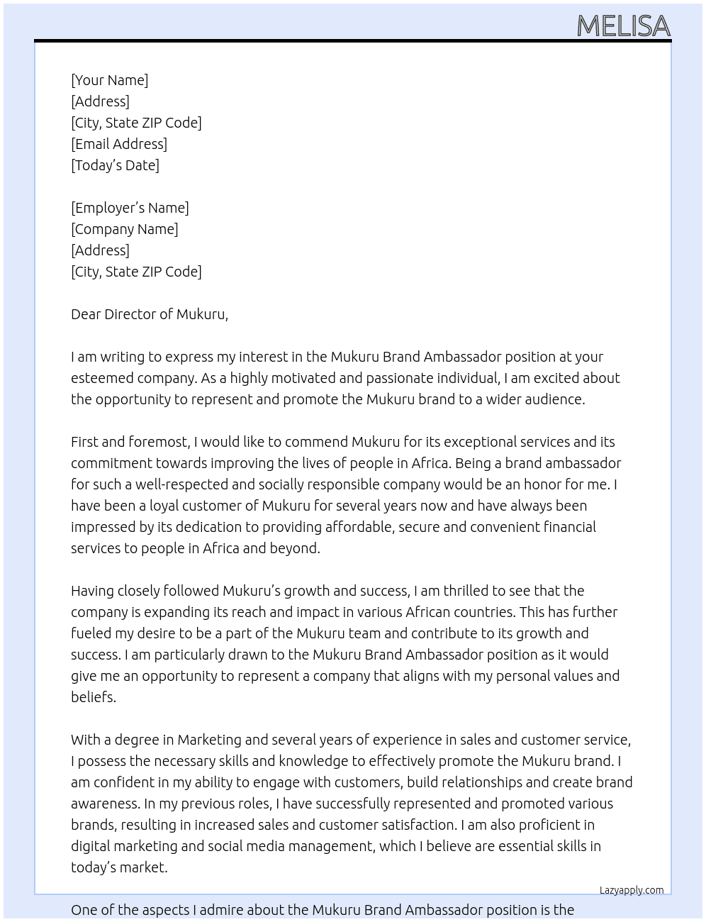 Mukuru  Brand embassador At MUKURU Cover Letter