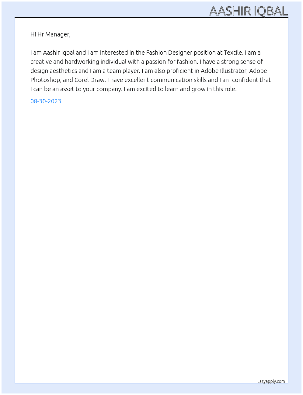 Fashion Designer At Textile Cover Letter