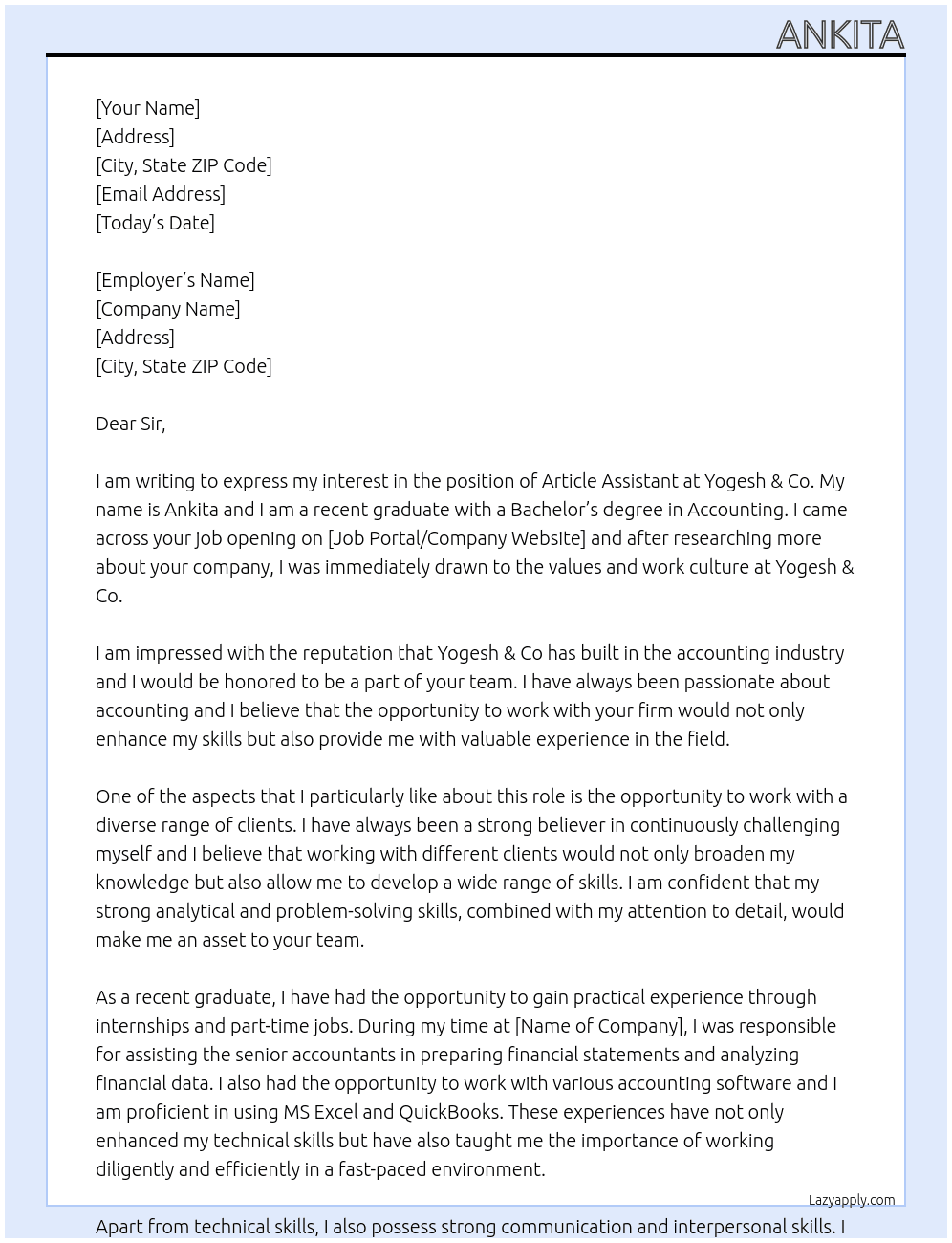 Article Assistant  At Yogesh & Co Cover Letter