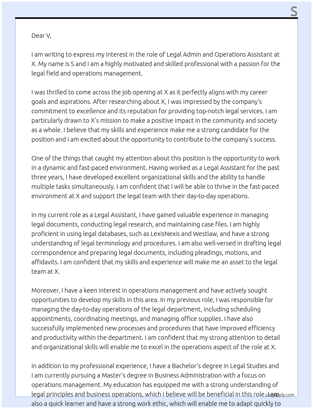 Cover letter for legal admin and operations assistant - LazyApply