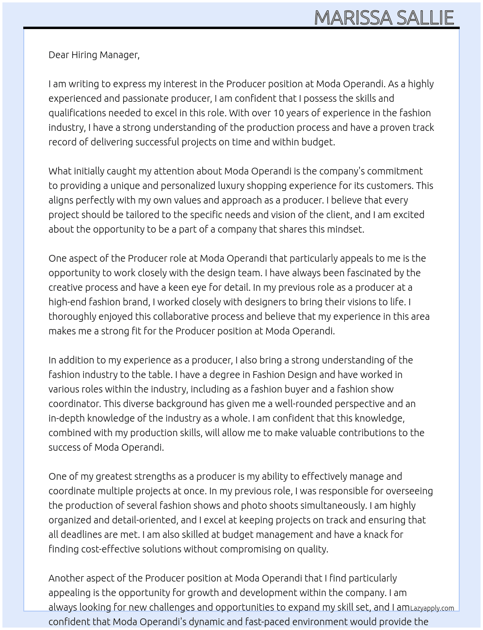 Producer At Moda Operandi  Cover Letter
