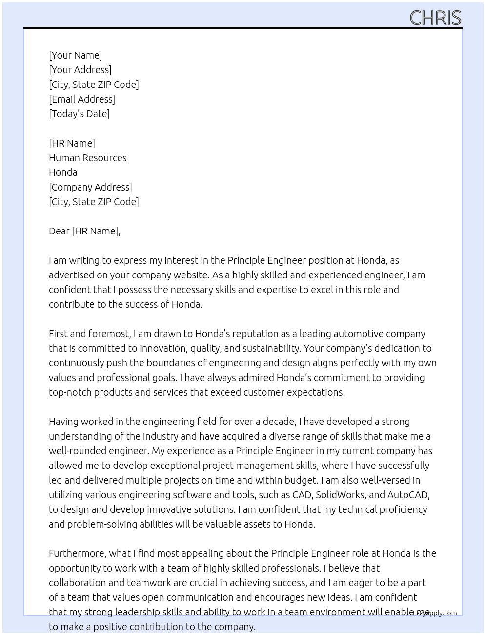 principle engineer At Honda Cover Letter