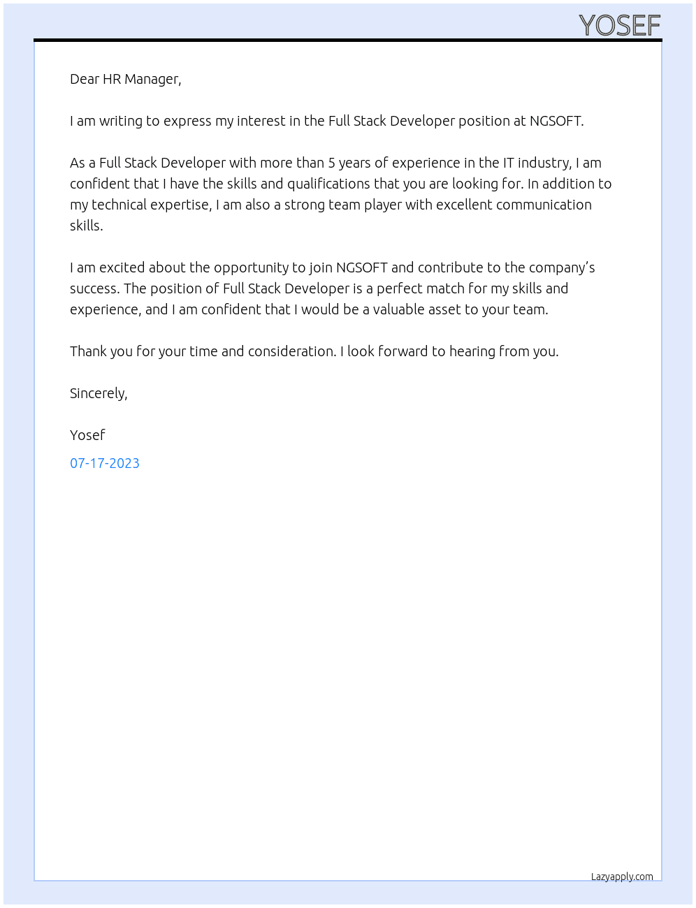 Full Stack Developer At NGSOFT  Cover Letter
