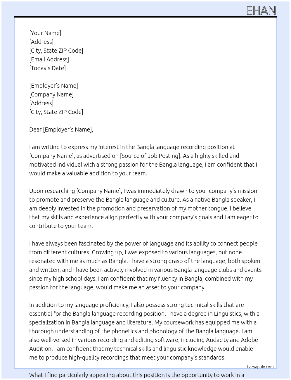 Bangla language recording At said Cover Letter