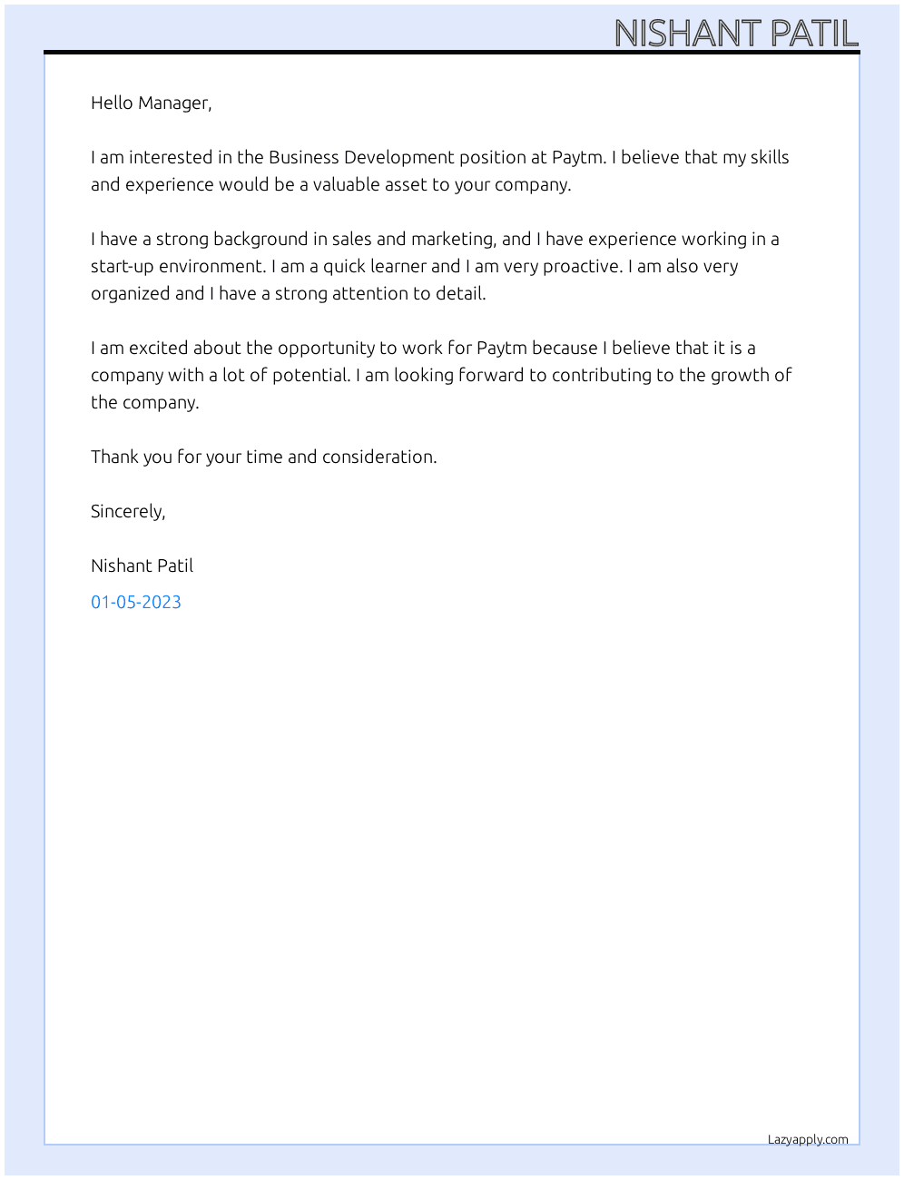 Business Development At Paytm Cover Letter