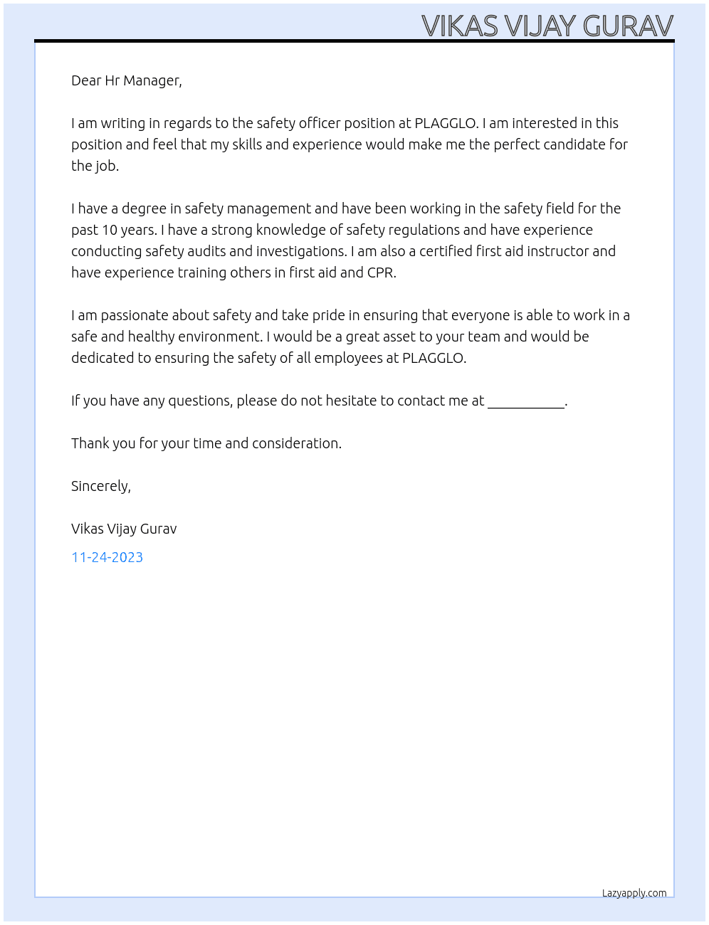 safety officer At PLAGGLO Cover Letter
