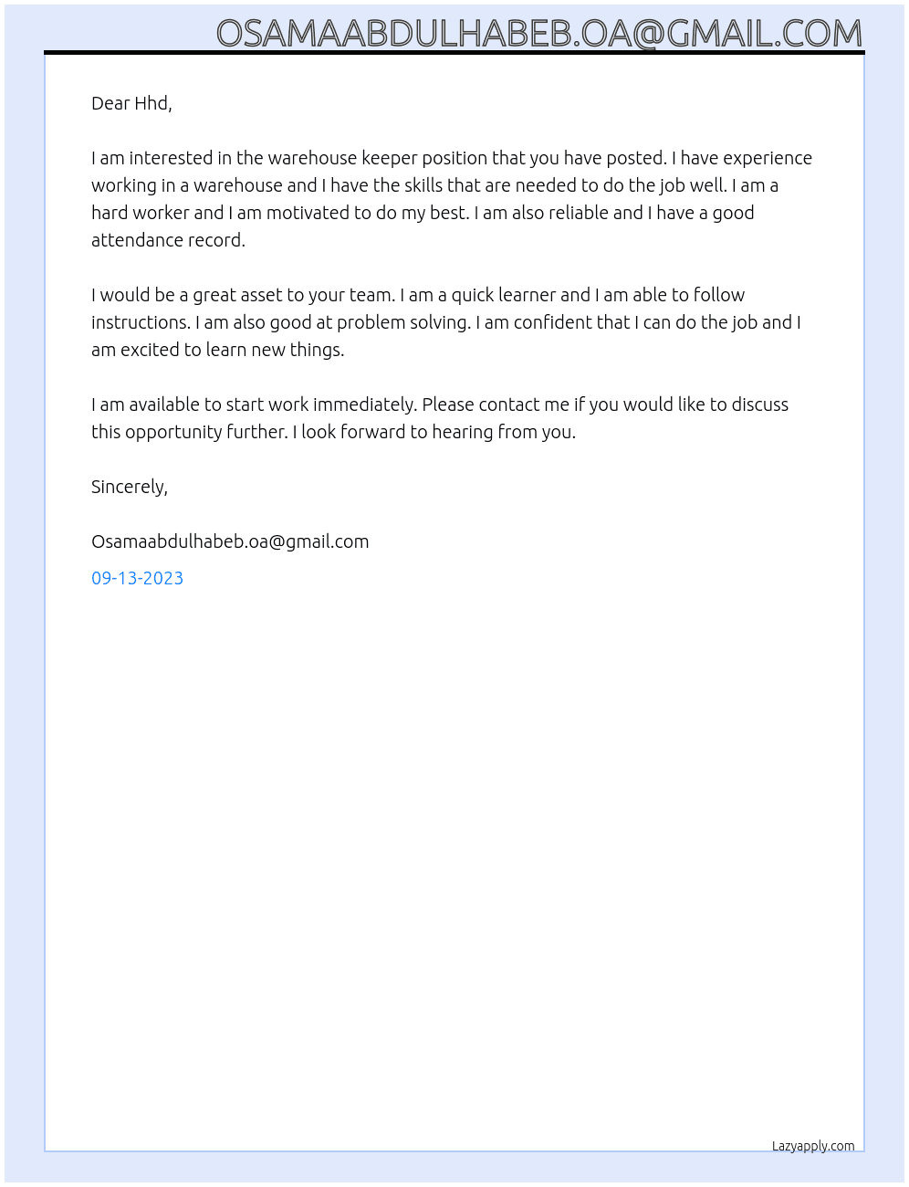 Warehouse keeper At Hhd Cover Letter
