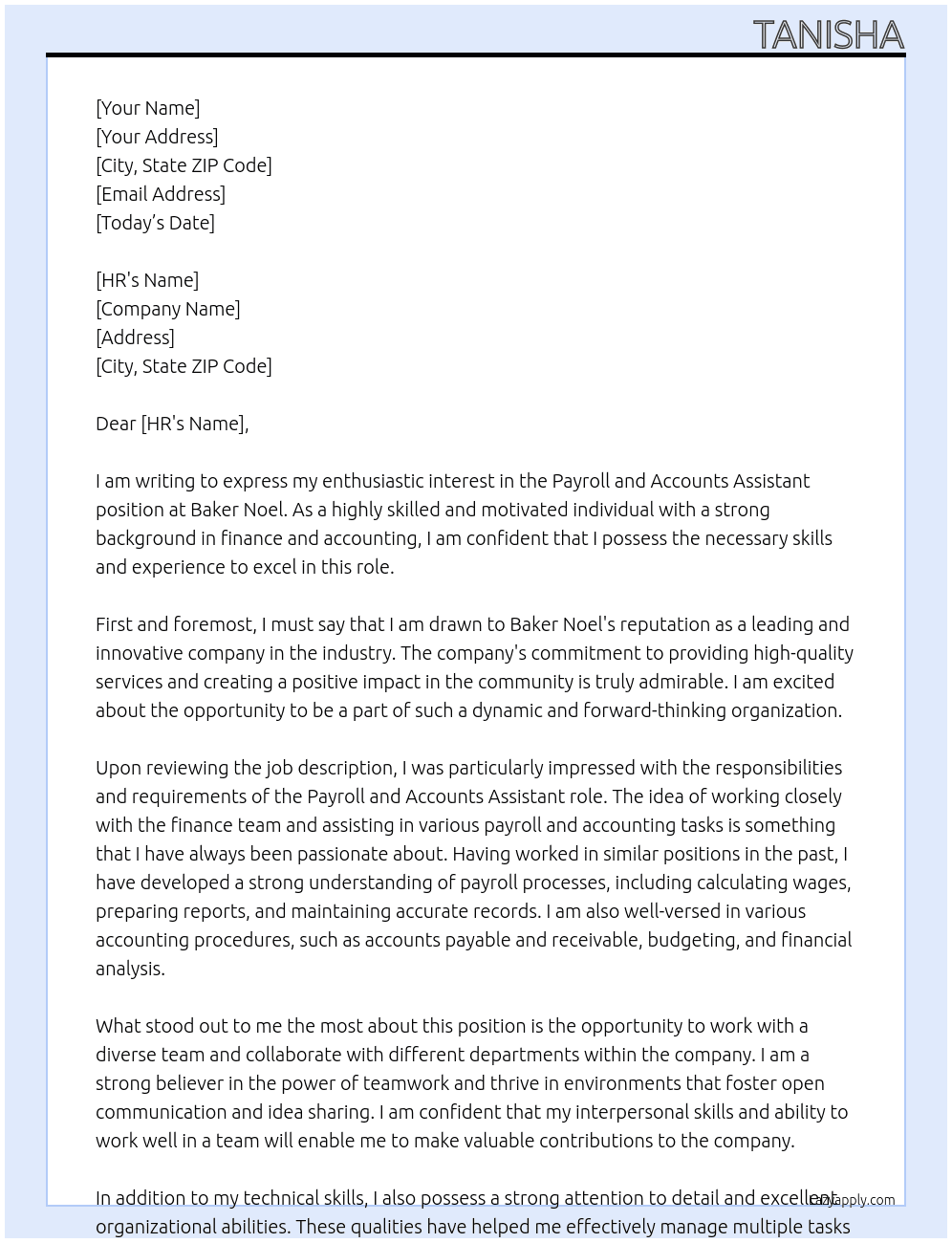 Payroll and accounts assistant At Baker Noel Cover Letter