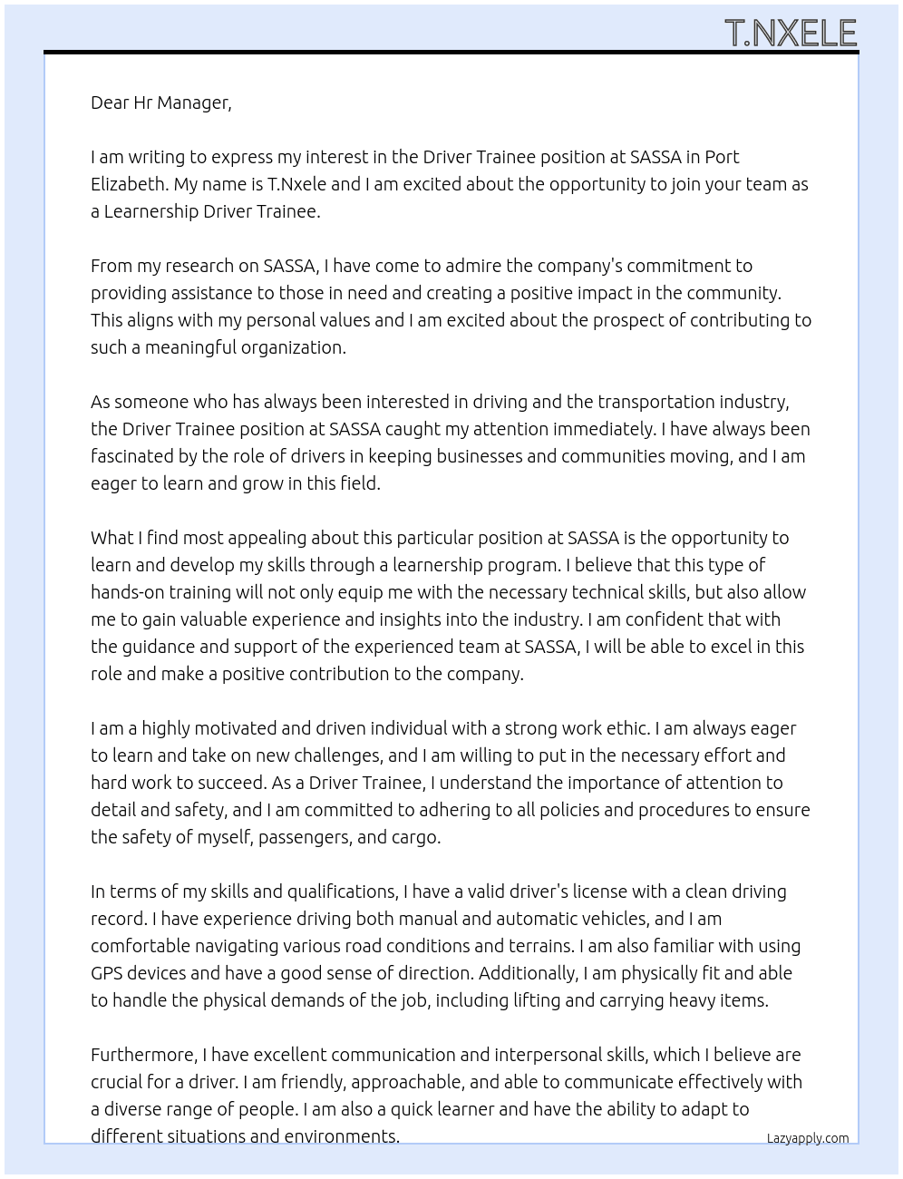 Driver Trainee At SASSA Cover Letter