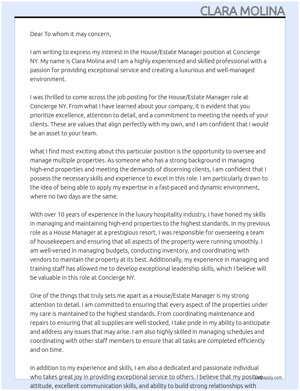 House/Estate Manager At Concierge NY Cover Letter