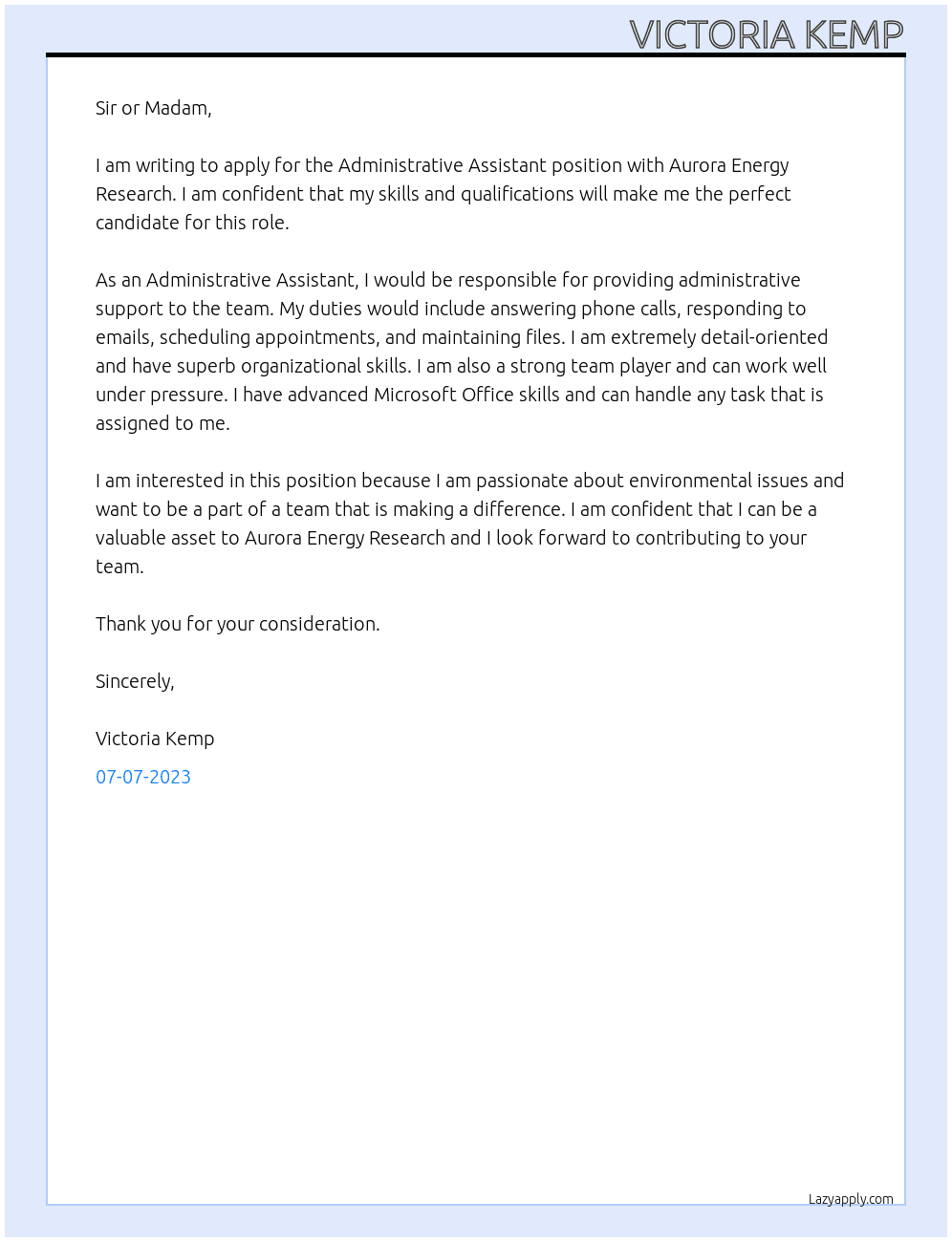 Administrative Assistant At Aurora Energy Research Cover Letter