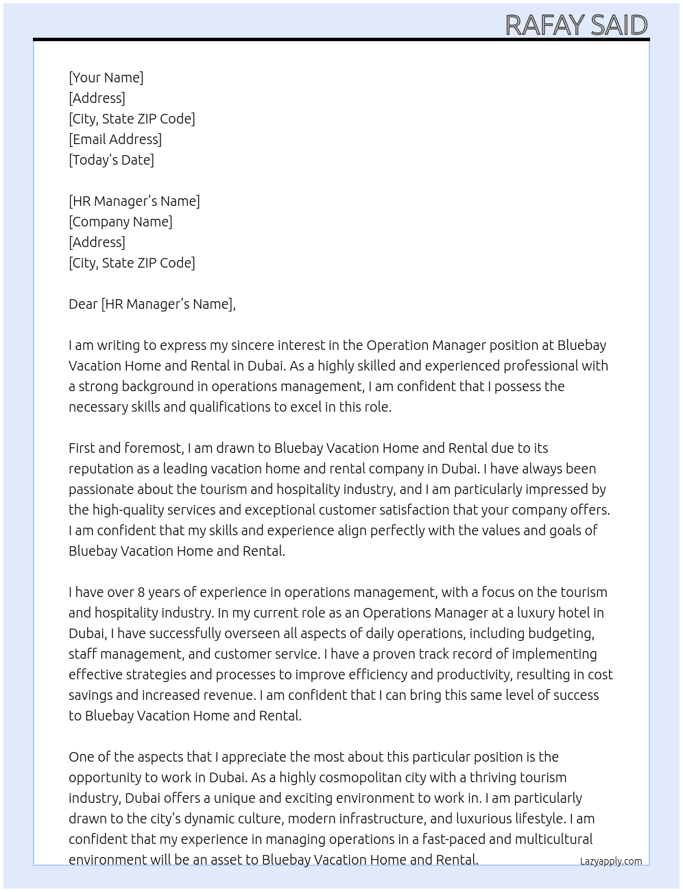 Operation manager  At Bluebay vacation home and rental  Cover Letter