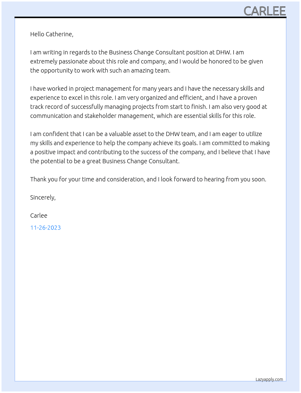 Business Change Consultant At DHW Cover Letter