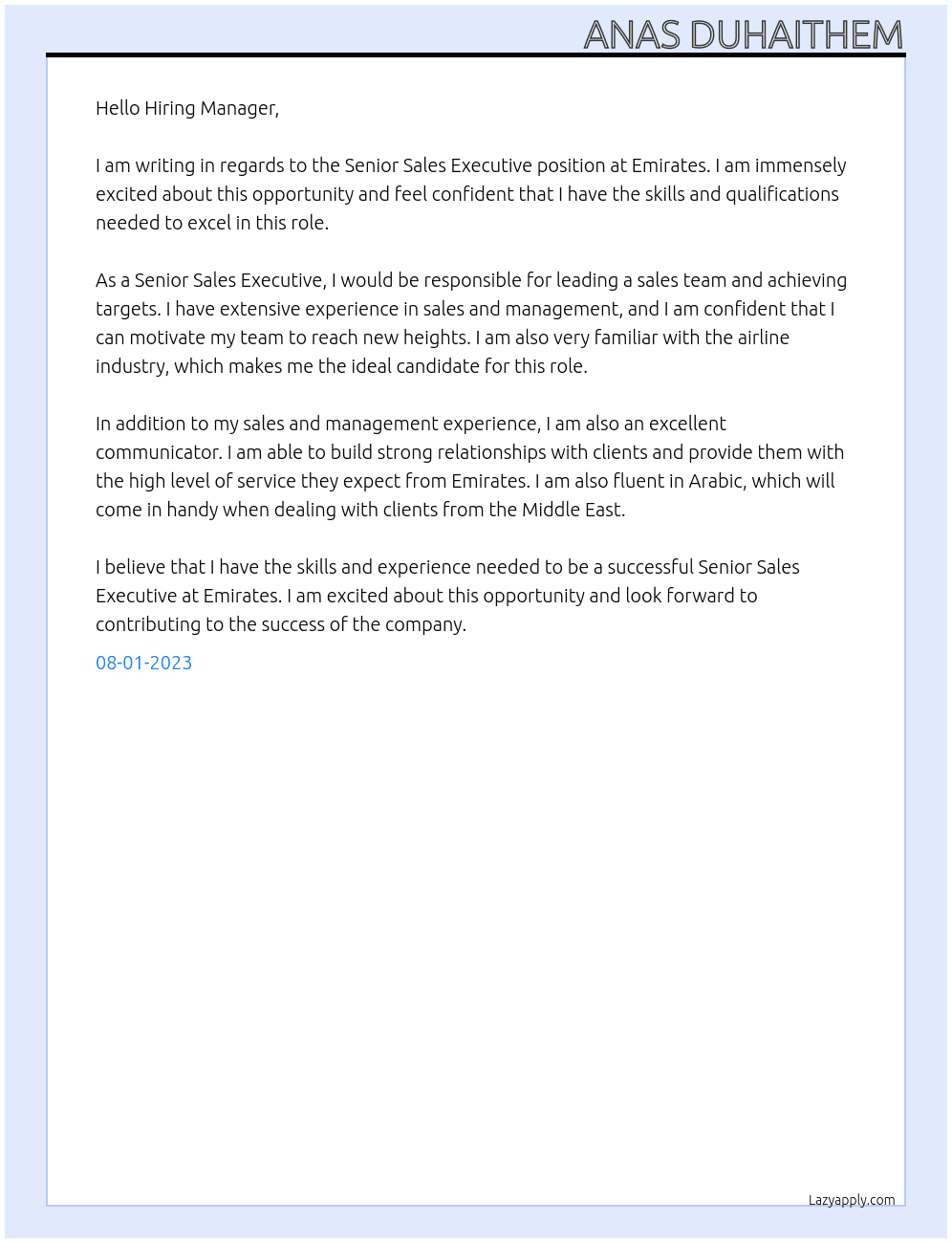 Senior Sales Executive  At Emirates Cover Letter
