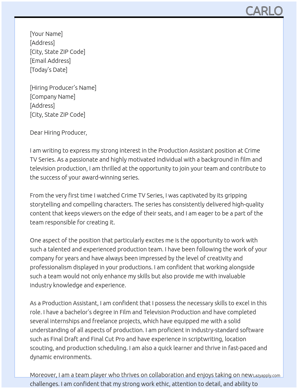 Production Assistant At Crime TV Series Cover Letter