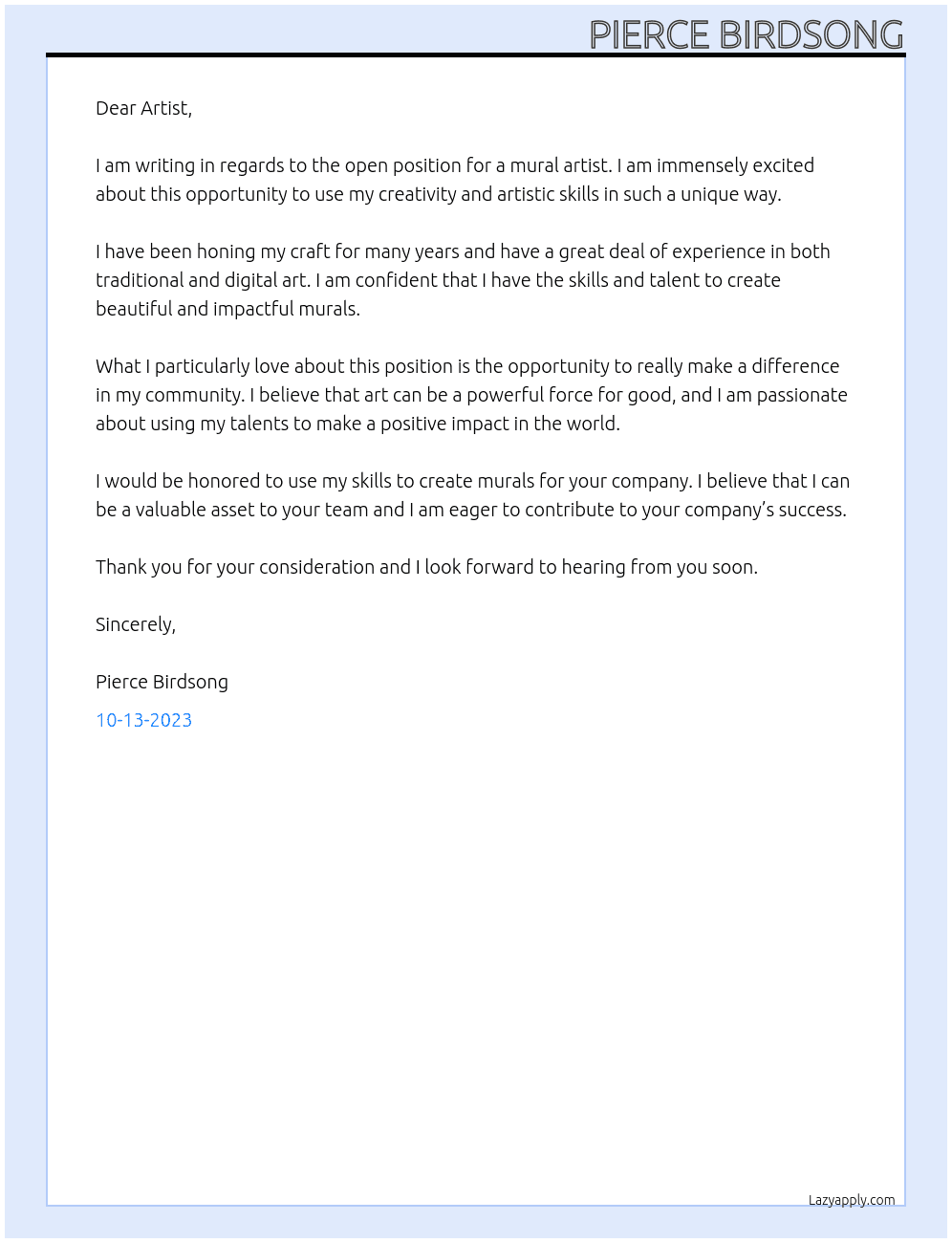 Mural artist  At Artist Cover Letter
